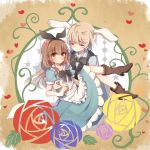  1boy 1girl akako alice_(wonderland) alice_(wonderland)_(cosplay) alice_in_wonderland animal_ears blonde_hair boots bow brown_eyes brown_hair carrying closed_eyes cosplay dress hair_bow hisanuma_sayu kihara_isamu long_hair nagi_no_asukara princess_carry rabbit_ears short_hair white_rabbit white_rabbit_(cosplay) 