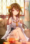  1girl ahoge bare_shoulders blush brown_hair chair crossed_legs cup detached_sleeves hair_ornament hairband japanese_clothes kantai_collection kongou_(kantai_collection) long_hair looking_at_viewer personification sitting smile solo sunbeam sunlight teacup teapot window yadapot 