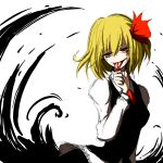  1girl bags_under_eyes blonde_hair blood blood_on_fingers blouse darkness finger_licking hair_ribbon highres licking noumen red_eyes ribbon rumia short_hair skirt smile tongue tongue_out touhou vest 