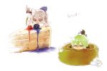  2girls cake food hat minigirl mononobe_no_futo multiple_girls six_(fnrptal1010) soga_no_tojiko tate_eboshi touhou 