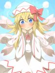  1girl :t angry blonde_hair blue_eyes blush bow clenched_hands dress hat hat_bow lily_white nobamo_pieruda steam tears touhou wavy_mouth white_dress wide_sleeves wings 