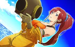  1girl bellows_(suisei_no_gargantia) blue_eyes breasts clouds diving_helmet diving_suit dutch_angle earrings helmet highres hoop_earrings jewelry large_breasts long_hair minakuchi_takashi ocean ponytail redhead sky solo suisei_no_gargantia 