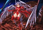  1girl angel_wings blush bodysuit boots breasts cleavage final_fantasy final_fantasy_tactics g.haruka gloves head_wings long_hair red_eyes silver_hair solo sword thigh-highs thigh_boots ultima_(fft) weapon white_hair wings 
