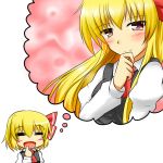  1girl :d =_= alternate_hair_length alternate_hairstyle blonde_hair blouse blush fang hair_ribbon imagining long_hair necktie older open_mouth pink_eyes red_eyes ribbon rody_(hayama_yuu) rumia short_hair smile thought_bubble touhou vest 