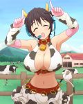  1girl ^_^ animal_ears arm_warmers armpits bell bell_collar breasts brown_hair cleavage closed_eyes collar cow cow_bell cow_ears cow_horns cow_print cow_tail elbow_gloves fake_animal_ears fence gloves head_tilt headset horns house idolmaster idolmaster_cinderella_girls large_breasts midriff mountain nash_(na-si) navel oikawa_shizuku open_mouth pink_gloves short_hair solo tail 