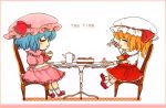  ascot bat_wings blonde_hair blue_hair chair chibi closed_eyes cup dress flandre_scarlet fork frame hat hat_removed headwear_removed heart mob_cap open_mouth pink_dress puffy_sleeves red_dress rei_(tonbo0430) remilia_scarlet shirt short_sleeves siblings side_ponytail sisters smile strawberry_shortcake table teacup teapot touhou wings 