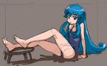  1girl blue_eyes blue_hair brown_background happinesscharge_precure! long_hair looking_at_viewer precure rohitsuka school_swimsuit shirayuki_hime sitting sketch solo swimsuit 
