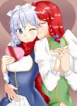  2girls :&gt; blue_eyes braid closed_eyes couple from_behind gift heart holding holding_hands hong_meiling interlocked_fingers izayoi_sakuya lavender_hair long_sleeves multiple_girls no_hat puffy_long_sleeves puffy_sleeves redhead reizou scarf side_braid touhou valentine wince yuri 