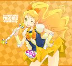  1girl blonde_hair bow bowtie brooch character_name checkered checkered_background copyright_name cure_honey hair_bow hand_on_hip happinesscharge_precure! heart jewelry kannagi_kaname long_hair magical_girl oomori_yuuko orange_background panties pantyshot ponytail precure skirt smile solo underwear wand white_panties wink yellow_eyes yellow_skirt 