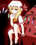  1girl :o absurdres ascot barefoot blonde_hair finger_to_mouth flandre_scarlet hat hat_ribbon highres looking_at_viewer mob_cap red_eyes ribbon short_hair side_ponytail sitting skirt touhou wings 