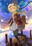  1girl alternate_costume bag belt black_legwear blonde_hair boots bunchou_(bunchou3103) clouds cloudy_sky flandre_scarlet hat hat_ribbon highres jetty mob_cap open_clothes open_jacket pantyhose red_eyes reflection ribbon scarf shoulder_bag side_ponytail sky smile snowing solo sunset touhou white_background wings winter winter_clothes 