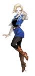  1girl android_18 belt black_pants blonde_hair blue_eyes boots brown_boots chokydaum denim_jacket denim_skirt dragon_ball dragon_ball_z earrings full_body jacket jewelry long_sleeves pants pose short_hair skirt solo white_background 