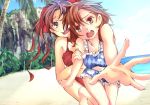  2girls beach bikini brown_eyes brown_hair foreshortening highres long_hair misaka_mikoto multiple_girls shinsei_(easycross1226) shirai_kuroko short_hair swimsuit to_aru_kagaku_no_railgun to_aru_majutsu_no_index twintails 