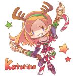  1girl alternate_costume candy candy_cane character_name chibi katarina_du_couteau league_of_legends long_hair lowres orange_hair scar shimatta smile solo striped striped_legwear thigh-highs 