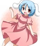  animal_ears blue_hair cosplay dress gradient gradient_background inaba_tewi inaba_tewi_(cosplay) looking_at_viewer open_mouth pink_background pink_dress puffy_short_sleeves puffy_sleeves rabbit_ears raised_hand red_eyes reisen short_hair short_sleeves ten203159 touhou 