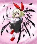  1girl :d blonde_hair blouse darkness fang hair_ribbon kugelschreiber looking_at_viewer looking_back open_mouth red_eyes ribbon rumia short_hair skirt smile sword touhou vest weapon 