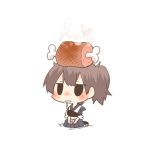  1girl black_eyes blush brown_hair chibi drooling food kaga_(kantai_collection) kantai_collection lowres meat object_on_head open_mouth rebecca_(keinelove) short_hair side_ponytail sitting 
