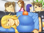  &gt;_&lt; 5girls :3 blonde_hair blue_shirt breast_envy breasts closed_eyes food fruit futami_ami futami_mami hoshii_miki huge_breasts idolmaster kawanuma_uotsuri kisaragi_chihaya large_breasts minase_iori multiple_girls orange siblings sisters sleeping smile twins 