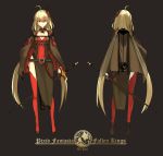  1girl absurdres ahoge black_gloves blonde_hair breasts cape choker cleavage covered_navel dress full_body gloves hair_between_eyes highres long_hair low_twintails pixiv_fantasia pixiv_fantasia_fallen_kings pointy_ears red_eyes red_legwear saberiii side_slit solo standing sword thigh-highs twintails very_long_hair weapon 