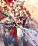  1girl animal_ears bare_shoulders breasts bridal_gauntlets himuro_(dobu_no_hotori) inubashiri_momiji large_breasts midriff mouth_hold red_eyes riding shield short_hair silver_hair solo sword thigh-highs touhou weapon white_background wolf wolf_ears 