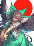  1girl arm_cannon bow breasts brown_hair cape hair_bow hair_ornament highres long_hair open_mouth red_eyes reiuji_utsuho shirt short_sleeves skirt solo temmasa22 touhou weapon wings 