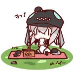  1girl alternate_costume bag basket blush bread bread_in_mouth chibi eating food grass hat highres i-class_destroyer kantai_collection mat nuu_(nu-nyu) picnic picnic_basket shinkaisei-kan short_hair silver_hair sitting smile stone wo-class_aircraft_carrier |_| 