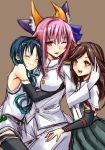  3girls admiral_(kantai_collection)_(cosplay) animal_ears blush caster_(fate/extra) character_request crossdressinging crossover fate/extra fate_(series) fox_ears hair_ribbon harino646 hug kantai_collection military military_uniform multiple_girls ribbon uniform wink 