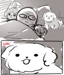  2koma artist_self-insert bed cameo comic commentary dakimakura dog doubutsu_no_mori kataro lowres monochrome shizue_(doubutsu_no_mori) shocked_eyes 