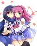  2girls angel_beats! black_hair green_eyes hairband highres long_hair multiple_girls purple_hair red_eyes scarf school_uniform serafuku shiina_(angel_beats!) short_hair tazu thigh-highs wink yuri_(angel_beats!) 