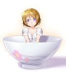  1girl bowl brown_hair dress in_bowl in_container koizumi_hanayo looking_at_viewer love_live!_school_idol_project onsoku_maru short_hair smile solo violet_eyes 
