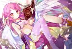  1girl angel_wings blush book breasts bridal_gauntlets feathered_wings jibril_(no_game_no_life) long_hair looking_at_viewer low_wings magic_circle midriff navel no_game_no_life open_book pink_hair purple_legwear saru single_thighhigh solo thigh-highs white_wings wings yellow_eyes 