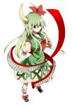  1girl bow dress ex-keine green_hair horns kamishirasawa_keine long_hair looking_at_viewer nakukoroni red_eyes scroll simple_background smile solo touhou white_background 