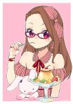  1girl bare_shoulders bespectacled blush bow brown_hair glasses hair_bow hairband idolmaster long_hair minase_iori mouth_hold pudding red_eyes solo spoon stuffed_animal stuffed_bunny stuffed_toy sumeragi_kohaku 