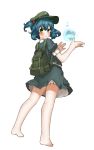  1girl amonitto backpack bag barefoot blue_hair blush bubble green_eyes hair_bobbles hair_ornament hat kawashiro_nitori looking_at_viewer looking_back puffy_sleeves shirt short_sleeves simple_background skirt skirt_set smile solo touhou twintails water white_background 