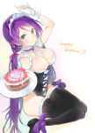  1girl black_legwear breasts brooch cake candle choker cleavage corset cozyquilt food green_eyes happy_birthday headdress jewelry large_breasts long_hair love_live!_school_idol_project purple_hair sitting smile solo thighhighs toujou_nozomi twintails wariza 