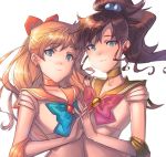  2girls aino_minako bishoujo_senshi_sailor_moon blonde_hair blue_eyes bow brown_hair choker ear_studs earrings elbow_gloves gloves hair_bobbles hair_bow hair_ornament interlocked_fingers jewelry kate_(sucharek) kino_makoto multiple_girls ponytail sailor_collar sailor_jupiter sailor_venus white_background white_gloves 