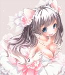  1girl :d animal_ears artist_request blue_eyes breasts cat_ears cleavage dress elbow_gloves fang flower gloves grey_hair jewelry necklace off_shoulder open_mouth pearl_necklace rose smile wedding_dress 