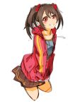  1girl blush brown_hair cropped_legs flat_chest grin hoodie love_live!_school_idol_project red_eyes rough scrunchie short_twintails skirt smile so-bin solo twintails v_arms yazawa_nico 