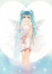  1girl aqua_eyes aqua_hair dress hatsune_miku long_hair lp_(hamasa00) solo twintails vase vocaloid water wings 