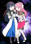  2girls a-10_(artist) akemi_homura antenna_hair black_hair blue_skirt blush boots cosplay embarrassed flower galaxy_angel hairband highres kaname_madoka karasuma_chitose_(cosplay) long_hair mahou_shoujo_madoka_magica milfeulle_sakuraba milfeulle_sakuraba_(cosplay) military multiple_girls open_mouth pink_hair skirt smile 