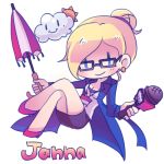  1girl alternate_costume blonde_hair character_name chibi clouds glasses janna_windforce league_of_legends lowres microphone shimatta short_hair simple_background tied_hair umbrella white_background 