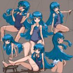  1girl all_fours blue_eyes blue_hair blush brown_background happinesscharge_precure! kneeling long_hair looking_at_viewer looking_back open_mouth precure rohitsuka school_swimsuit shirayuki_hime sitting sketch smile solo swimsuit white_school_swimsuit white_swimsuit 