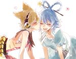  2girls all_fours blue_hair blush brown_hair cheek_kiss closed_eyes hair_ornament hair_rings hair_stick happy headphones heart kaku_seiga kiss multiple_girls short_hair six_(fnrptal1010) smile spoken_heart touhou toyosatomimi_no_miko yuri 