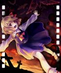  1girl ascot bird blonde_hair cross graveyard hair_ribbon long_sleeves open_mouth outstretched_arms red_eyes ribbon rumia sanso shirt skirt skirt_set smile solo sunset touhou vest 