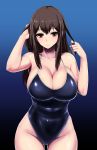  1girl akagi_(kantai_collection) alternate_costume blush breasts brown_eyes brown_hair cleavage ishimura_(ishimura-ya) kantai_collection large_breasts long_hair looking_at_viewer one-piece_swimsuit personification smile solo swimsuit 