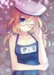  1girl ;t adjusting_glasses blonde_hair glasses hat i-8_(kantai_collection) kantai_collection long_hair personification pout school_swimsuit swimsuit twintails vebonbon wink 