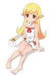  1girl bare_shoulders barefoot blonde_hair blush_stickers doughnut dress feet green_eyes highres kyokutou_hentai_samurai long_hair monogatari_(series) mouth_hold oshino_shinobu simple_background sitting solo white_background 