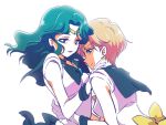  2girls akakokko bishoujo_senshi_sailor_moon blonde_hair bow brooch choker earrings gloves green_eyes green_hair jewelry kaiou_michiru long_hair magical_girl multiple_girls outer_senshi ribbon sailor_collar sailor_neptune sailor_senshi sailor_uranus short_hair smile ten&#039;ou_haruka tiara white_background white_gloves yuri 