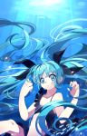  1girl artist_name bangs bare_shoulders black_dress blue_eyes blue_hair blurry bubble dress eyes_visible_through_hair fish hair_ornament hatsune_miku highres long_hair looking_at_viewer nail_polish ocean payot shinkai_shoujo_(vocaloid) solo sunlight suspenders transparent twintails underwater vocaloid 