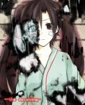  1girl alternate_costume artist_request bandaid black_eyes black_hair ene_(kagerou_project) enomoto_takane hospital_gown kagerou_project long_hair solo spoilers twintails 